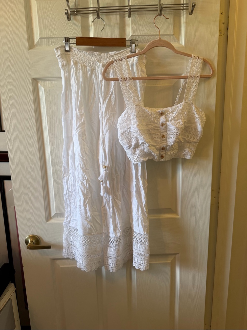 Japna White Lace Button-Front Bandeau Top & lace matching pants set